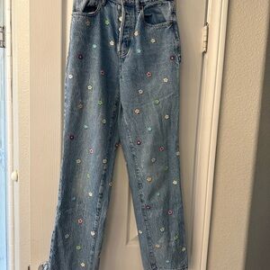 Pac Sun Floral Embroidered Blue Jeans